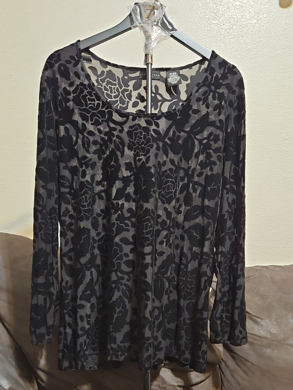 Apostrophe Black Floral Burnout Long-Sleeve Tee